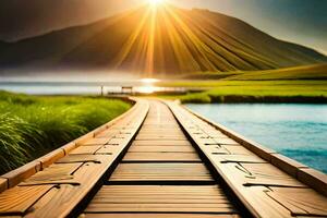 ein hölzern Brücke führt zu ein See und Berge. KI-generiert foto