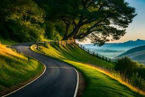 ein Wicklung Straße im das Landschaft beim Sonnenuntergang. KI-generiert foto