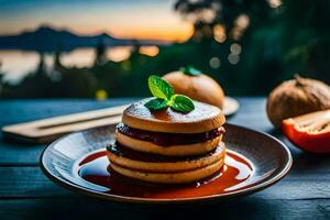 Pfannkuchen auf ein Teller mit Sirup und Frucht. KI-generiert foto