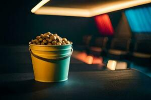 ein Eimer von Popcorn auf ein Tabelle im ein dunkel Zimmer. KI-generiert foto