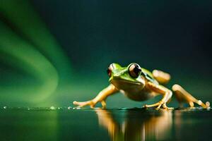 ein Frosch ist Stehen auf das Wasser Oberfläche. KI-generiert foto