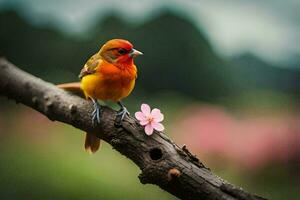 ein klein Orange Vogel sitzt auf ein Ast mit ein Rosa Blume. KI-generiert foto