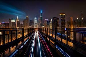 ein Stadt Horizont beim Nacht mit Licht Wanderwege. KI-generiert foto