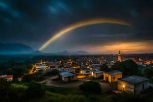 ein Regenbogen Über ein Dorf beim Nacht. KI-generiert foto