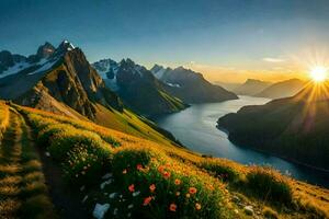 das Sonne steigt an Über das Berge und das Blumen blühen. KI-generiert foto