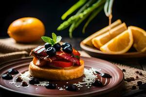 ein Dessert mit Obst und Blaubeeren auf ein Platte. KI-generiert foto