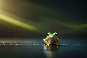 ein Frosch Sitzung auf das Boden mit ein hell Licht hinter Es. KI-generiert foto
