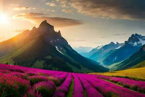 das Sonne steigt an Über ein Lavendel Feld im das Berge. KI-generiert foto