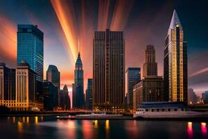 Neu York Stadt Horizont beim Sonnenuntergang. KI-generiert foto