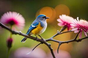 ein Blau und Gelb Vogel sitzt auf ein Ast mit Rosa Blumen. KI-generiert foto