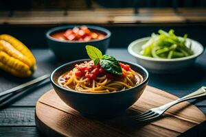 Spaghetti mit Tomate Soße und Basilikum Blätter im ein Schüssel. KI-generiert foto