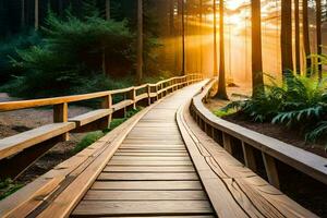 ein hölzern Gehweg im das Wald mit das Sonne leuchtenden. KI-generiert foto