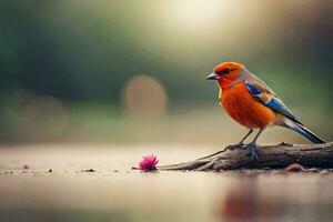 ein bunt Vogel sitzt auf ein Ast in der Nähe von ein Teich. KI-generiert foto