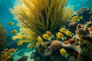 ein Koralle Riff mit viele Fisch Schwimmen um Es. KI-generiert foto