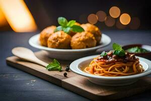 Spaghetti und Fleischklößchen im ein Schüssel. KI-generiert foto