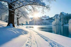 Schnee bedeckt Bäume und ein See im das Sonne. KI-generiert foto