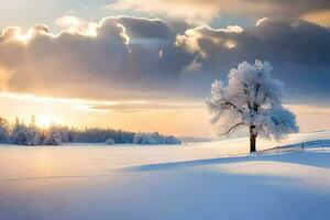 ein einsam Baum im das Schnee beim Sonnenuntergang. KI-generiert foto