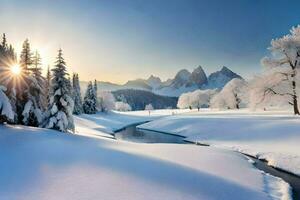 Foto Hintergrund das Himmel, Schnee, Bäume, Fluss, Sonne, Berge, Fluss, Fluss,. KI-generiert