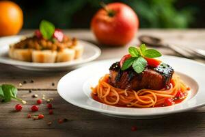 Schweinefleisch hacken mit Spaghetti und Tomate Soße auf das Tisch. KI-generiert foto