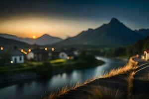 das Sonne ist Rahmen Über ein Fluss und Berge. KI-generiert foto