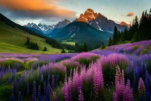 das Sonne setzt Über das Berge und lila Blumen im das Vordergrund. KI-generiert foto