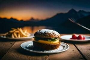 ein Burger und Fritten auf ein Tabelle mit ein Berg im das Hintergrund. KI-generiert foto