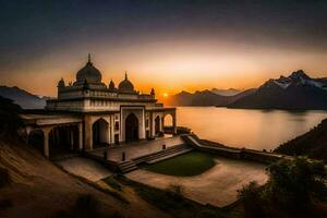 das Sonne setzt Über ein Tempel auf oben von ein hügel. KI-generiert foto