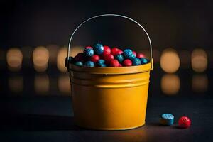 ein Eimer gefüllt mit Rot, Weiß und Blau Süßigkeiten. KI-generiert foto