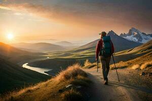 ein Mann mit Rucksack und Trekking Stangen Spaziergänge auf ein Straße im das Berge. KI-generiert foto