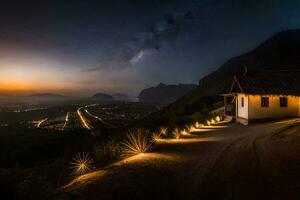 ein klein Haus auf das Seite von ein Berg beim Nacht. KI-generiert foto