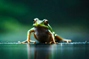 ein Frosch Sitzung auf das Boden mit Wasser Tröpfchen auf Es. KI-generiert foto