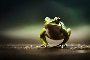 ein Frosch ist Stehen auf ein dunkel Oberfläche. KI-generiert foto