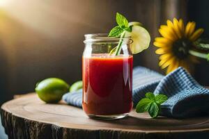 ein Glas von Saft mit ein Scheibe von Apfel und ein Sonnenblume. KI-generiert foto