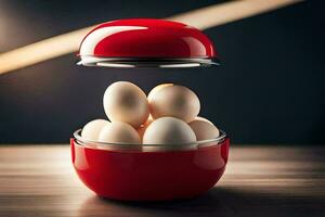 Eier im ein rot Container auf ein hölzern Tisch. KI-generiert foto
