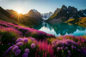 das Sonne steigt an Über das Berge und lila Blumen blühen im Vorderseite von ein See. KI-generiert foto