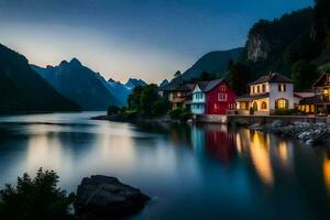 ein Haus sitzt auf das Ufer von ein See beim Dämmerung. KI-generiert foto