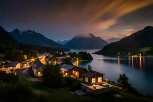 Foto Hintergrund das Himmel, Berge, Wasser, Haus, Nacht, das Dorf, das Berge,. KI-generiert