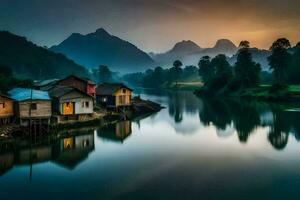 Häuser auf das Banken von ein Fluss beim Sonnenuntergang. KI-generiert foto