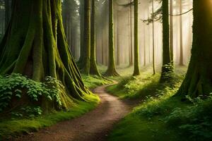 ein Pfad durch ein Wald mit hoch Bäume. KI-generiert foto