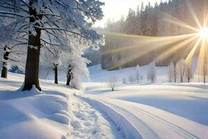 ein schneebedeckt Pfad führt zu ein Sonne leuchtenden durch Bäume. KI-generiert foto