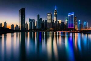 das Stadt Horizont beim Nacht mit Reflexionen im das Wasser. KI-generiert foto