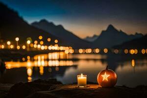 ein Kürbis mit ein Star auf es sitzt auf das Ufer von ein See beim Nacht. KI-generiert foto