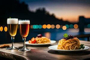 zwei Platten mit Spaghetti und Bier auf ein Tisch. KI-generiert foto