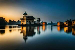 ein Haus auf das Wasser beim Sonnenuntergang. KI-generiert foto