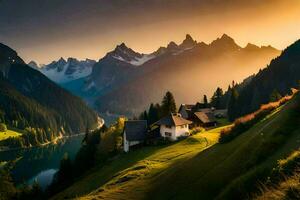 das Sonne steigt an Über das Berge und das Haus im das Vordergrund. KI-generiert foto