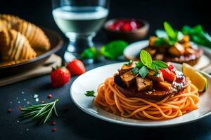 Spaghetti mit Fleisch und Gemüse auf ein Platte. KI-generiert foto