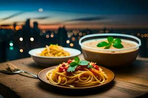 Spaghetti und Tomate Soße auf ein hölzern Tabelle mit ein Stadtbild im das Hintergrund. KI-generiert foto