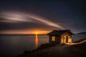 ein klein Haus auf das Strand beim Sonnenuntergang. KI-generiert foto