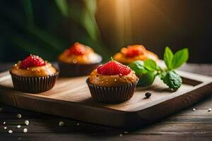 Cupcakes mit Erdbeeren auf ein hölzern Tablett. KI-generiert foto