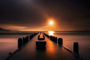 ein Seebrücke mit ein Sonne Rahmen Über das Wasser. KI-generiert foto